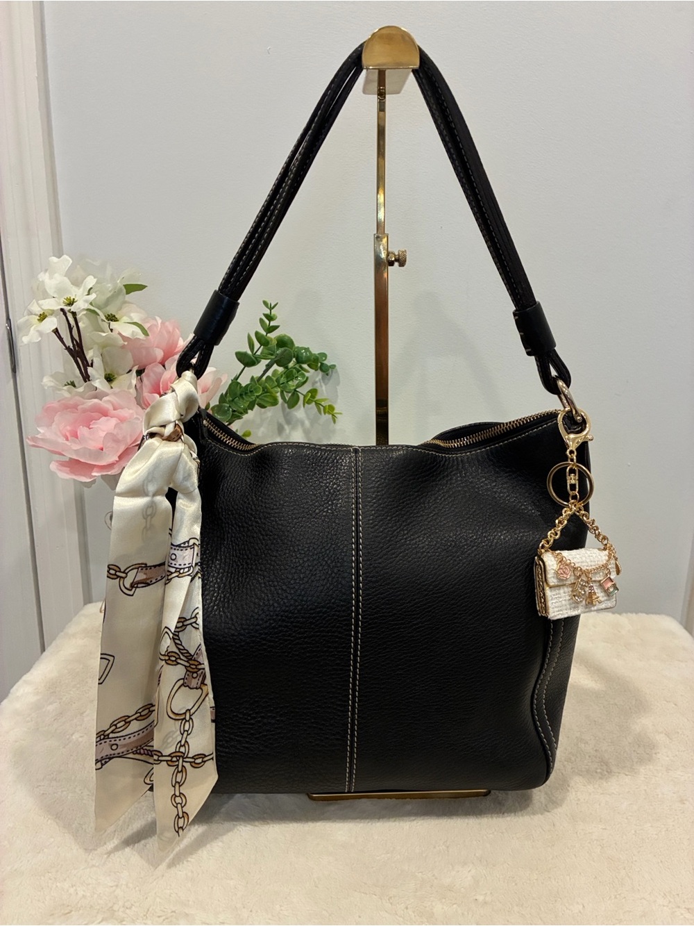 Kate Spade Black Leather Shoulder Bag with Bag Scarf and Bag Charm